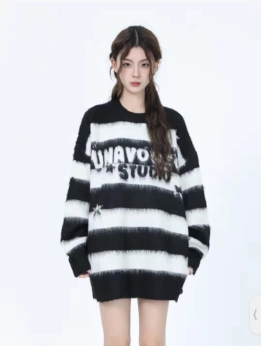 American retro star-striped mohair sweater for women, autumn trendy brand loose couple casual versatile knitted top