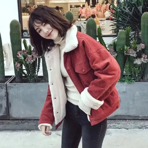 Autumn and winter new Korean style corduroy jacket women's plus velvet thickening large size loose versatile short jacket