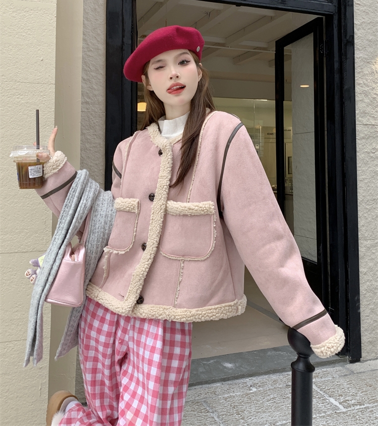 Actual shot of new autumn and winter Korean style thickened lamb wool coat for women loose pocket fur all-in-one short top