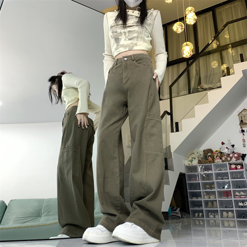 Real shot #American retro casual pants for women 2023 autumn and winter new straight slim high street wide leg overalls trend