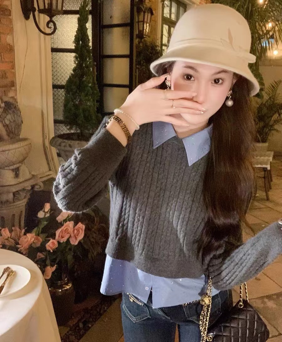 魚兔子的兔子學院風毛衣女秋冬寬鬆2023新款polo翻領假兩件上衣女
