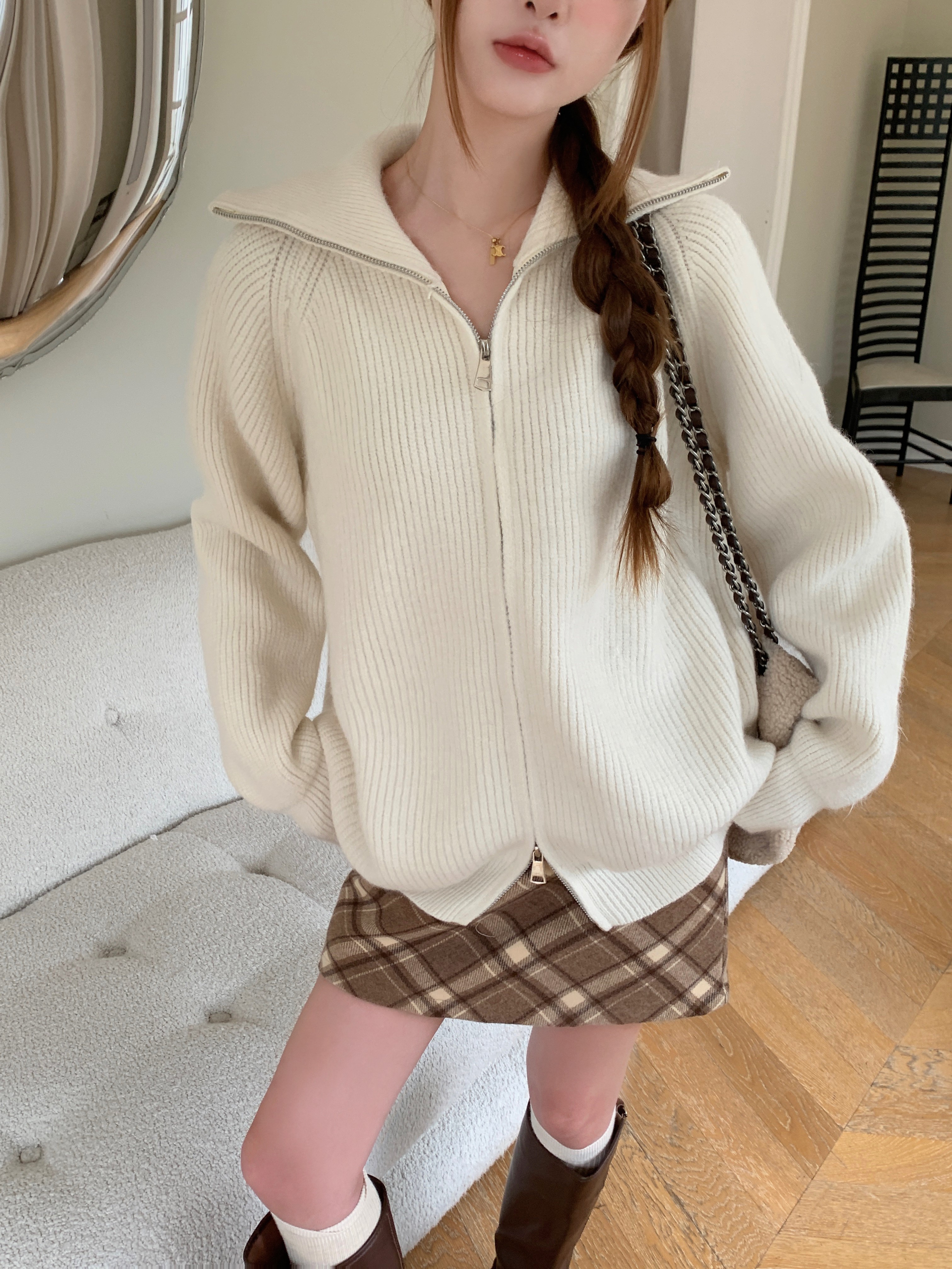 實拍~3色高級感超好看針織開衫外套加厚翻領雙拉鏈毛衣女