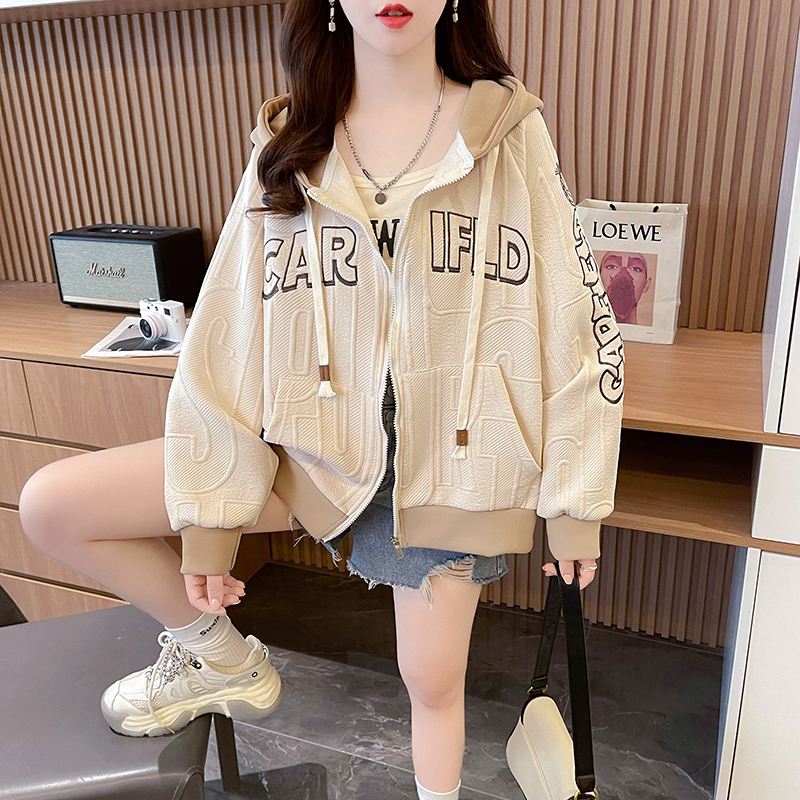 Real shot 2023 imitation cotton jacquard spring and autumn contrast color hooded jacket women's sweatshirt loose top