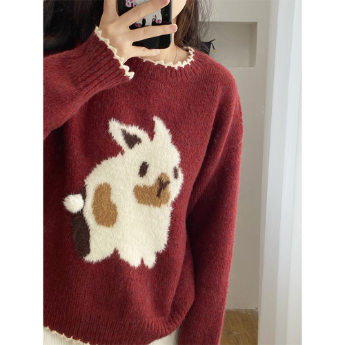 Red Zodiac Year Rabbit Raccoon Velvet Sweater Set Women's Autumn and Winter Retro Christmas New Year Sweater Pants Two-piece Set
