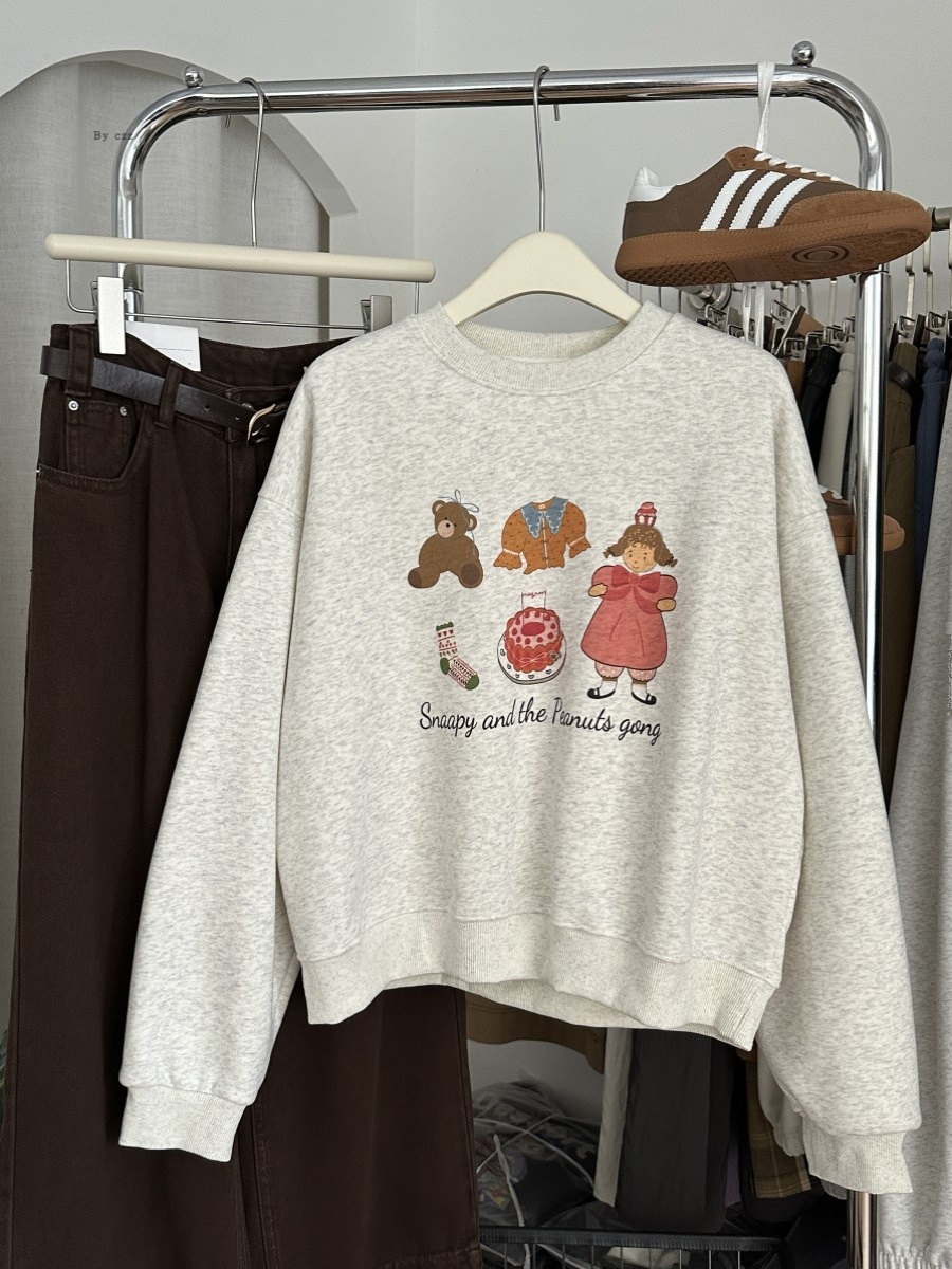 Korean Dongdaemun same style autumn and winter girls' velvet thickening cute princess bear print round neck loose sweatshirt for women
