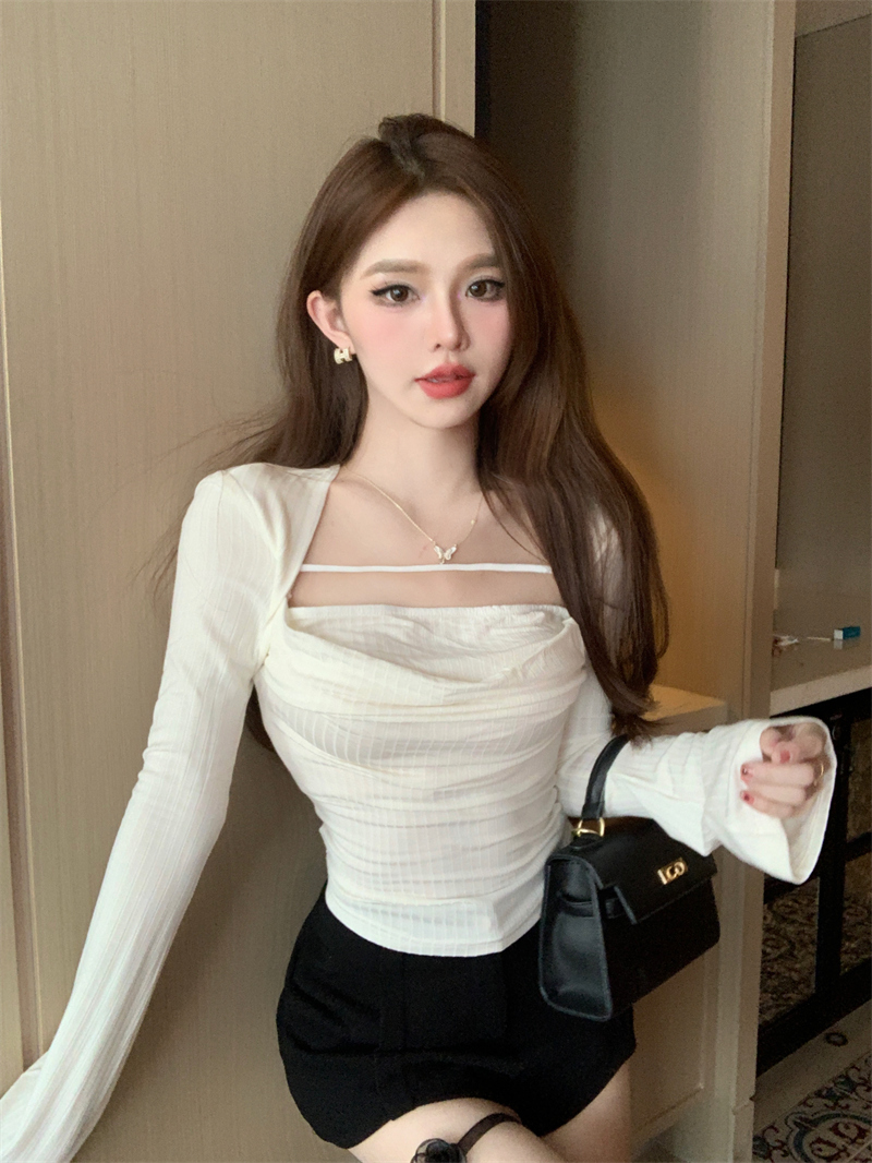 實拍~辣妹方領長袖T恤女春季修身內搭設計感打底衫上衣