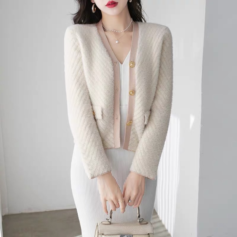 Gentle style short imitation mink cardigan jacket for women autumn and winter new women's sweater V-neck top trendy