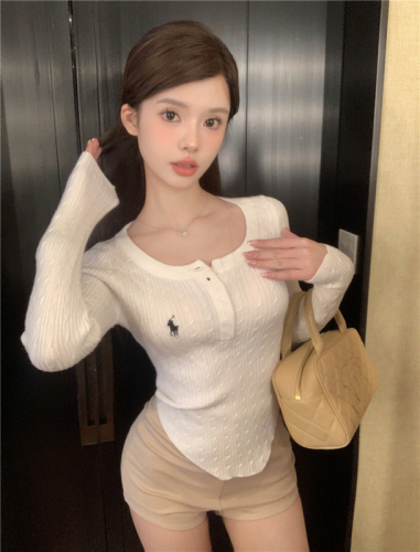 Real shot of pure lust style twist embroidered wool waist slimming outer bottoming knitted top