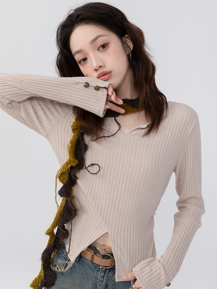 Right shoulder long-sleeved T-shirt for women 2023 autumn new design irregular niche short style slim fit top