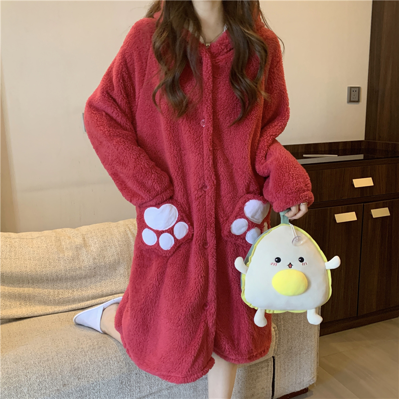 Real shot Winter thickened flannel nightgown home wear long style