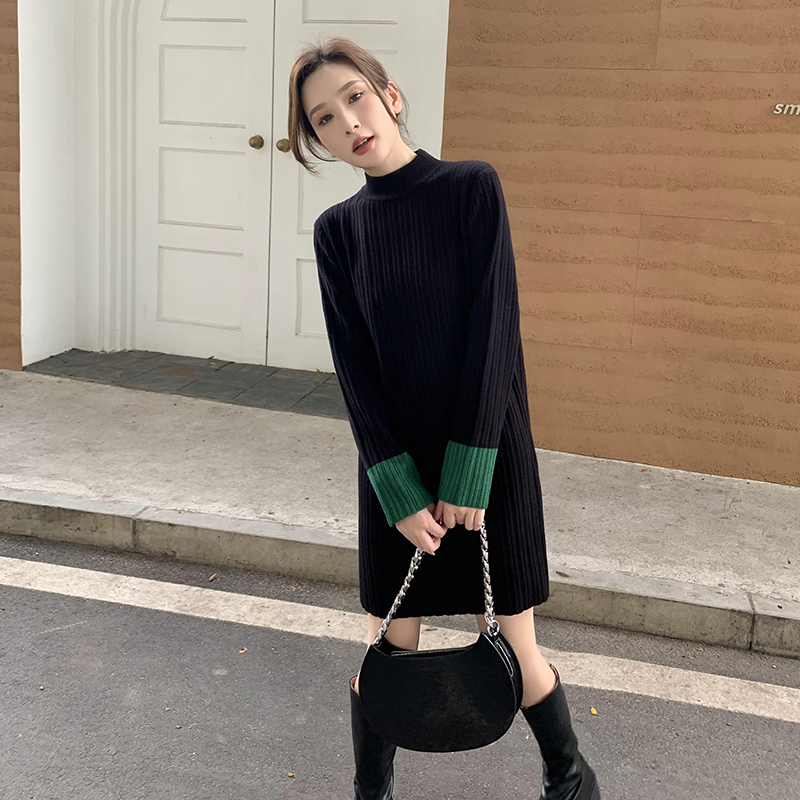 品質半高領針織連衣裙女秋冬打底裙寬鬆內搭中長款毛衣裙