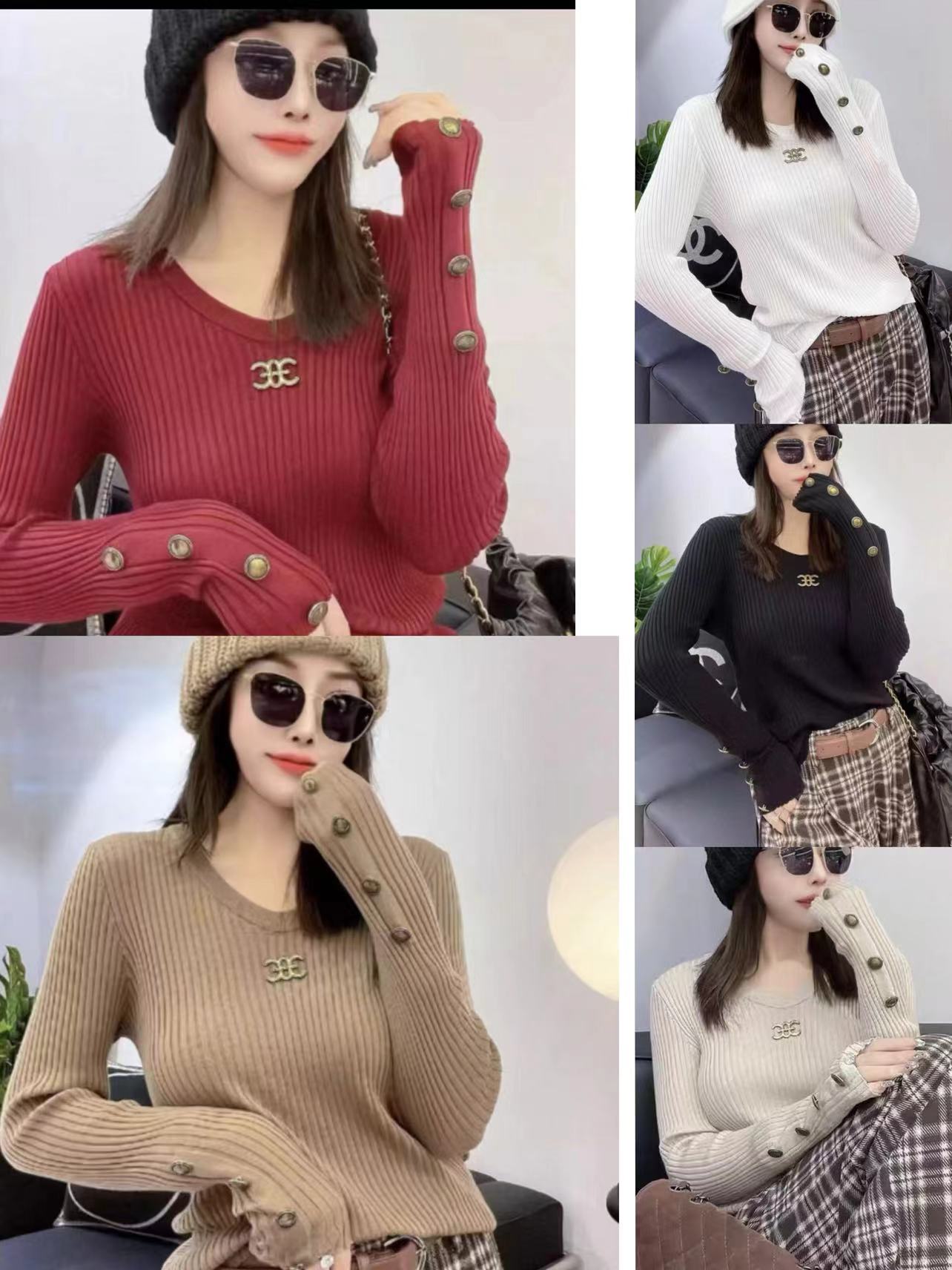 European Station 2023 Autumn and Winter New Fashion Letter Chest Button Versatile Slim Round Neck Knitted Bottoming Shirt Top