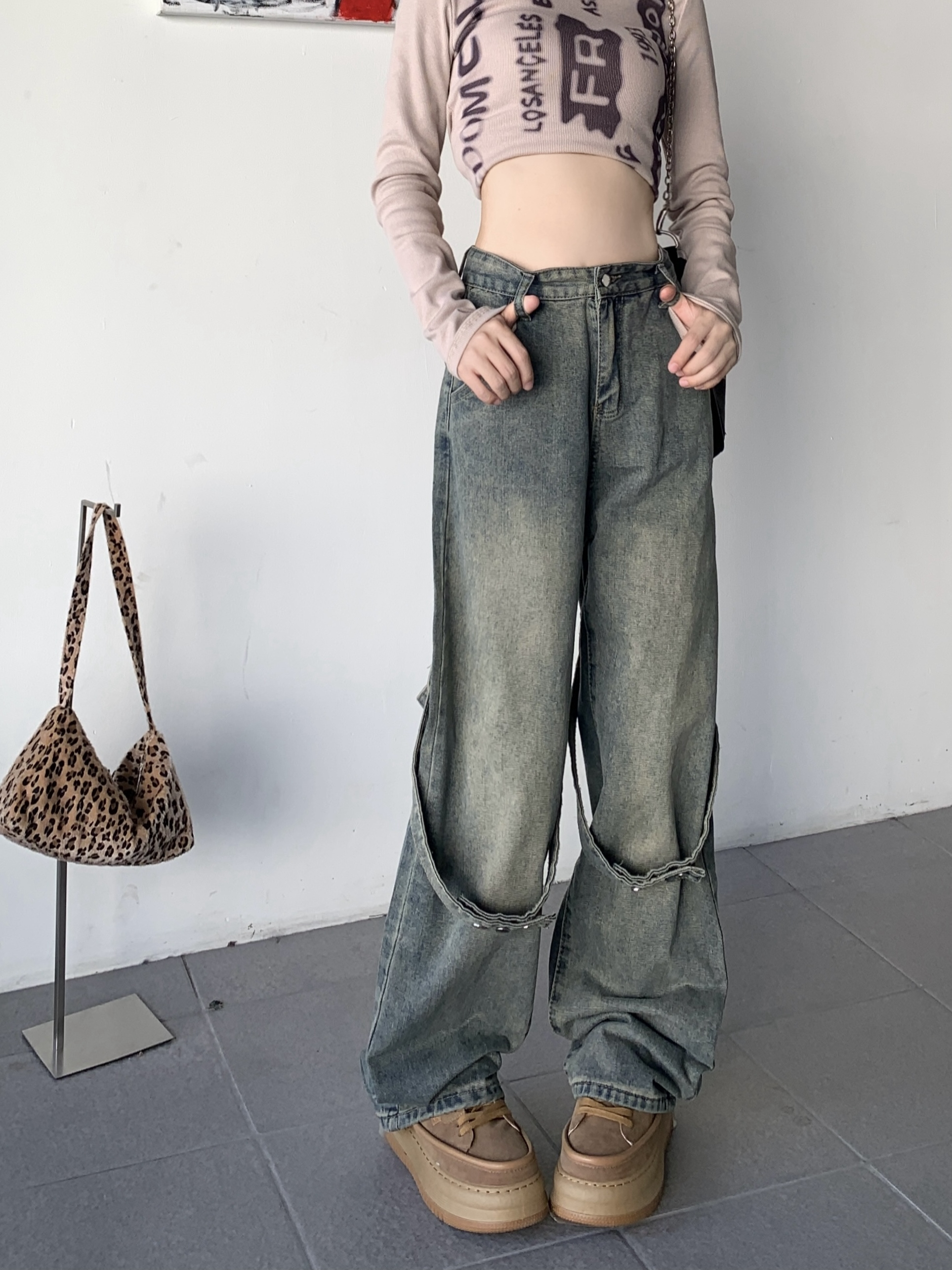 Real shot!  !  !  Washed retro straight design wide leg pants niche loose patchwork jeans for women