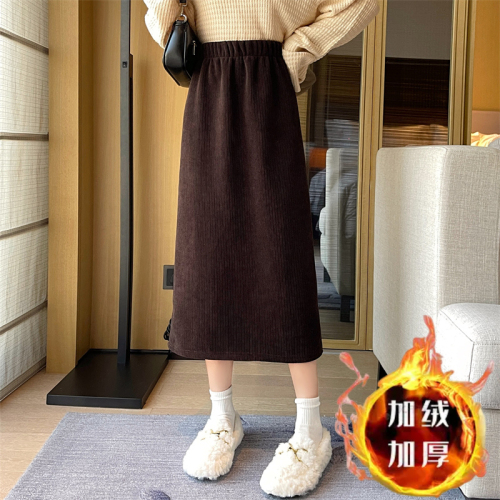 Actual shot of corduroy plus velvet thickened new versatile back slit casual skirt for women