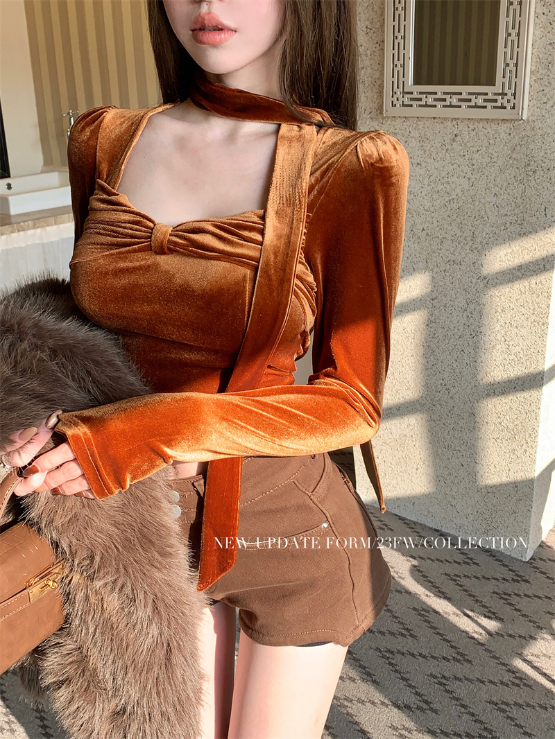 Real shot of French velvet bow top, long-sleeved bottoming shirt + irregular shorts, leggings and pants for women