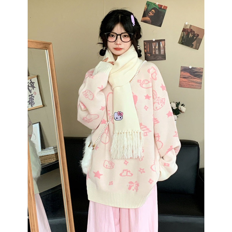 冬季新款甜美溫柔慵懶風卡通凱蒂貓圓領毛衣寬鬆顯瘦針織上衣女