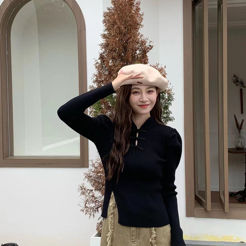 品質新中式國風盤扣泡泡袖毛針織打底衫女修身秋冬季上衣