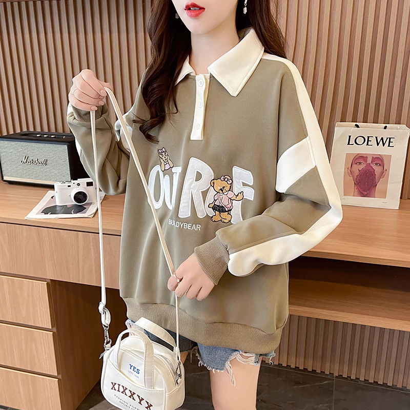 Actual shot of 320g imitation cotton Chinese cotton Korean version polo collar long-sleeved sweatshirt for women autumn new style