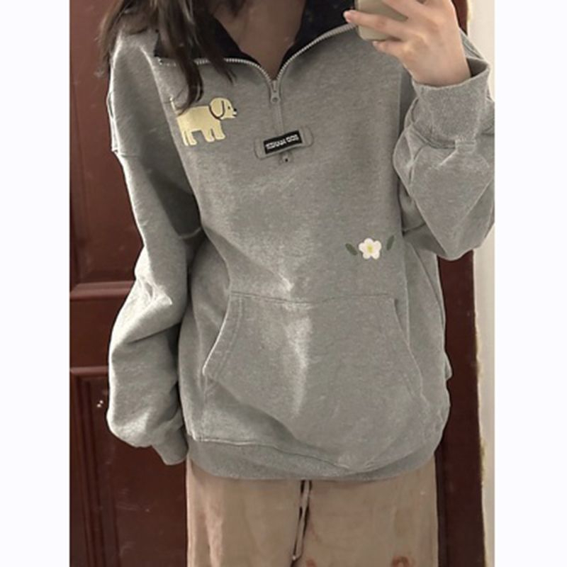檸珂蓓日系花灰色polo領半拉鏈衛衣小狗刺繡早春新款衛衣女寬鬆潮