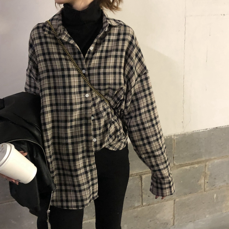Spring and Autumn Cool and Handsome Plaid Shirt Long Sleeve Korean Style Loose Slim Lapel Mid-Length Shirt for Women Winter