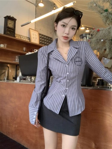 140g four-sided elastic  new college style suit long-sleeved striped shirt for women to lose weight in autumn