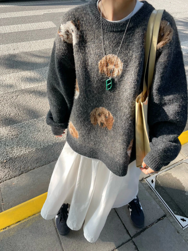 原創美式復古提花慵懶風毛衣女秋冬軟糯針織衫上衣