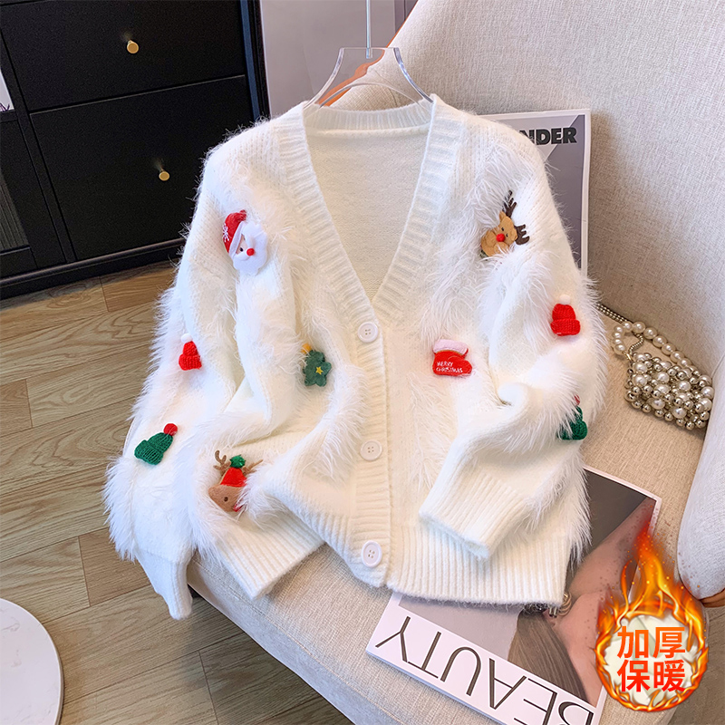 2023 new winter new year red knitted cardigan for women with Christmas atmosphere to wear three-dimensional cartoon sweater jacket trendy