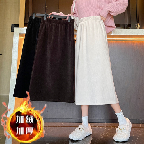 Actual shot of corduroy plus velvet thickened new versatile back slit casual skirt for women