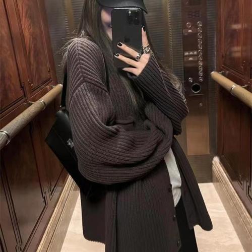 Maillard style new autumn and winter lazy solid color sweater jacket for women Korean style loose casual slim versatile sweater