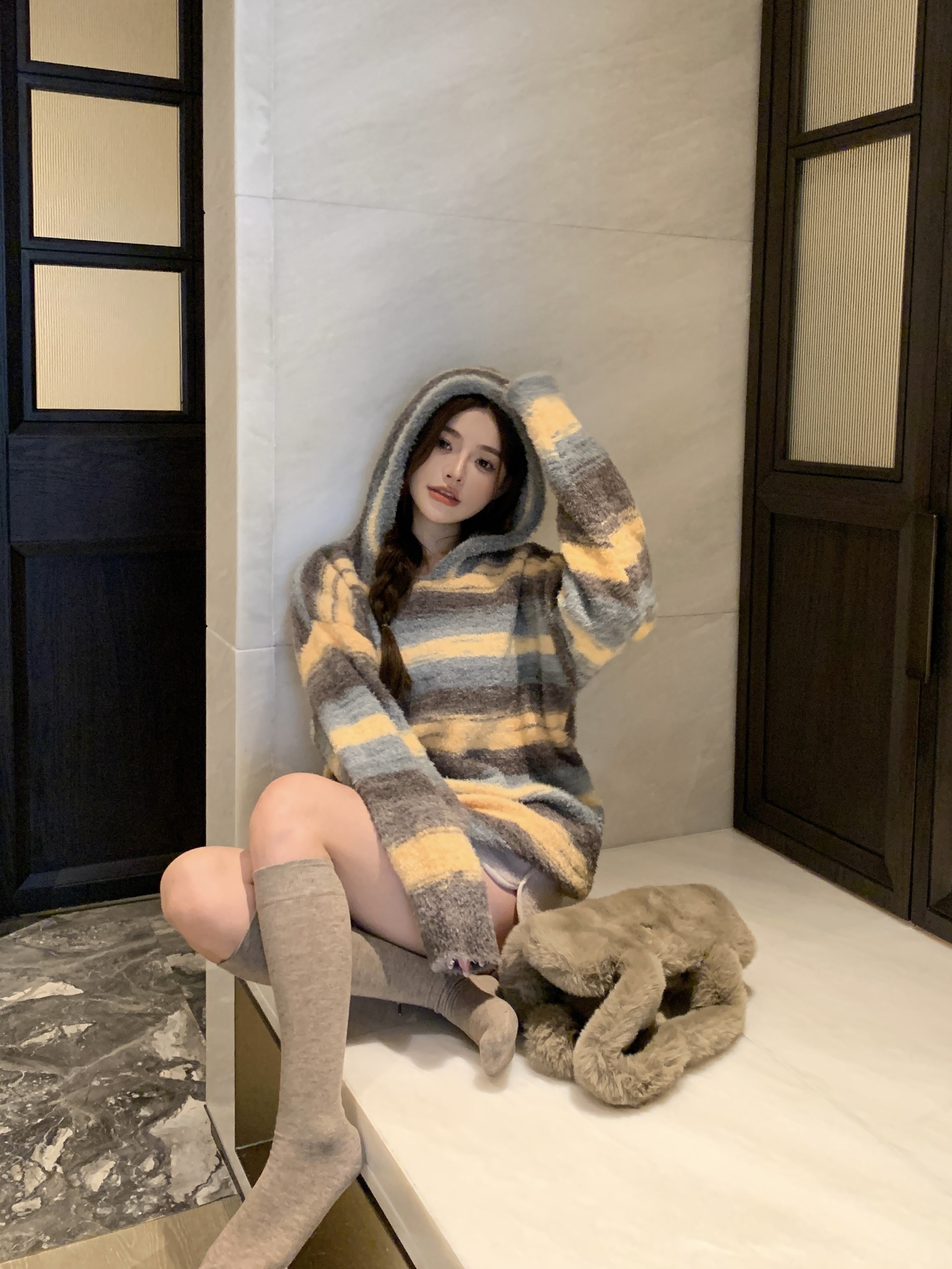 實拍 新款韓版慵懶風加厚軟糯扎染漸變毛絨絨連帽套頭毛衣女
