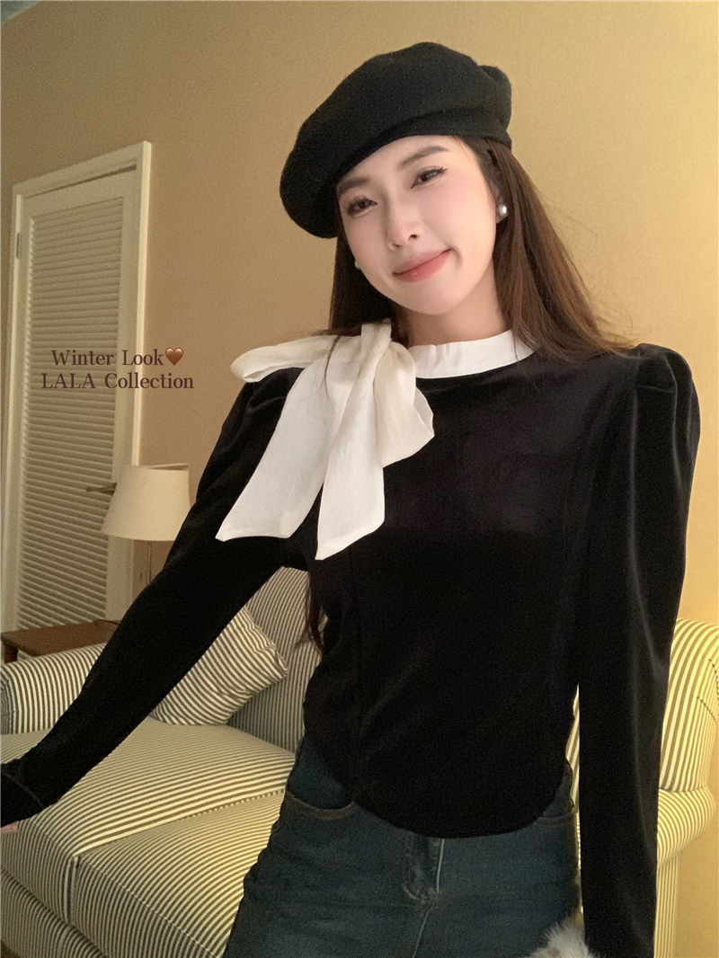 Actual shot of new French chic temperament round neck lace-up bow velvet puff sleeve shirt for women