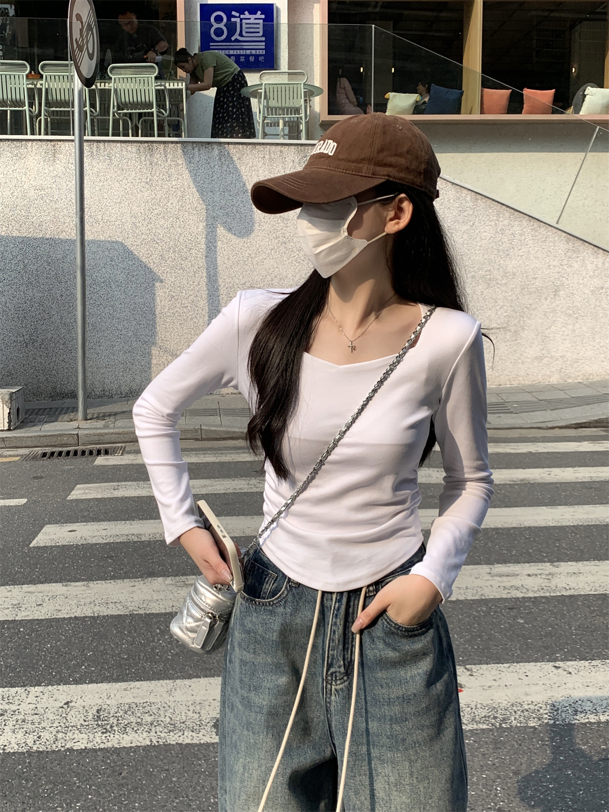 Actual shot of autumn and winter Korean style slim square collar pleated versatile pure cotton inner T-shirt long-sleeved bottoming shirt top for women