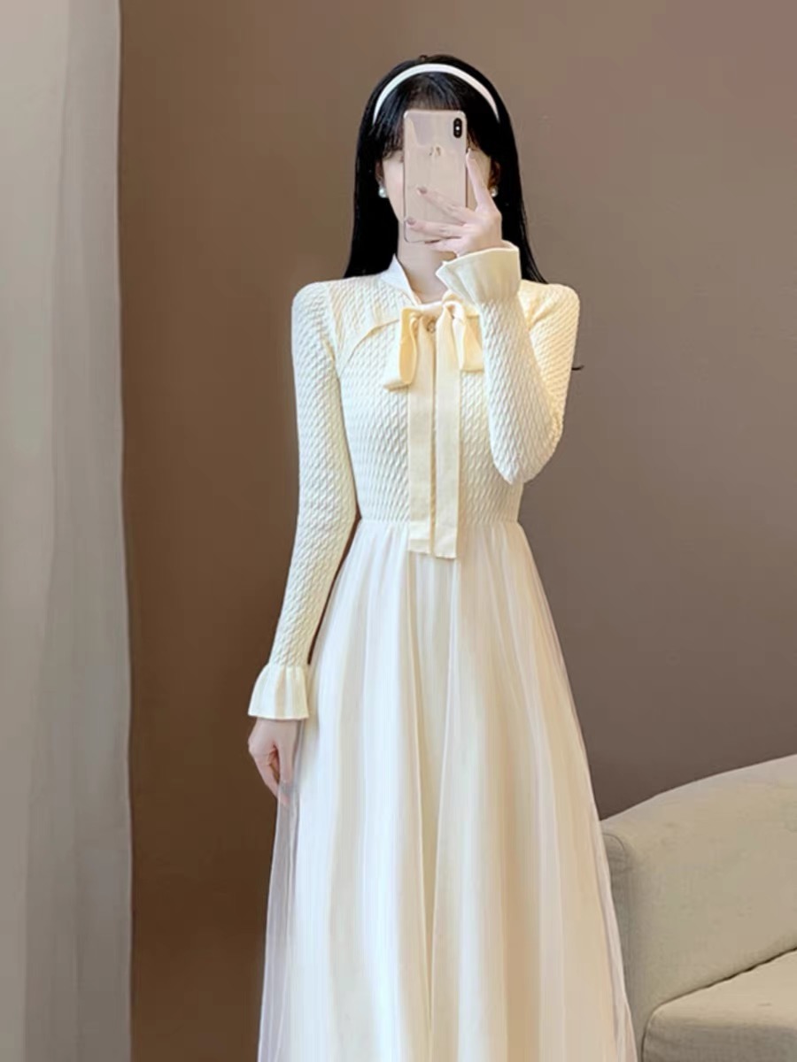 Autumn new style gentle lady sweet fairy skirt slim design sweater skirt knitted mesh dress