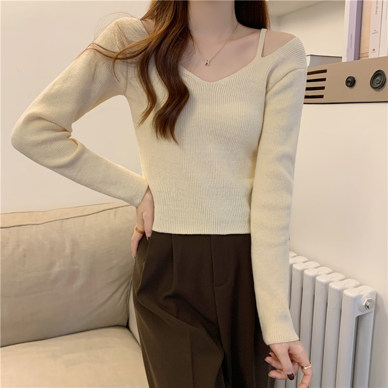 Actual shot of new autumn and winter Korean style sexy off-shoulder design halter neck sweater sweater long-sleeved top for women