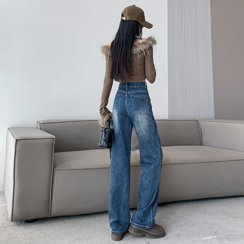 Actual shot of hotel-style spring and autumn new style loose wide-leg straight slim and versatile drapey floor-length mopping pants