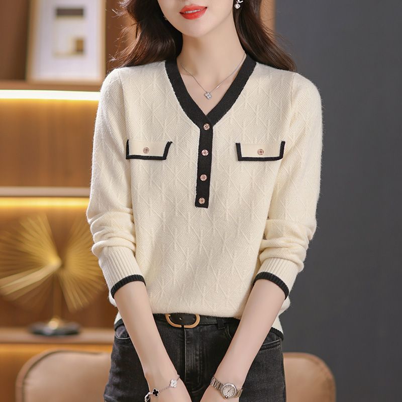 2023 new autumn and winter Korean style POLO collar bear embroidered loose long-sleeved sweater pullover sweater for women trendy