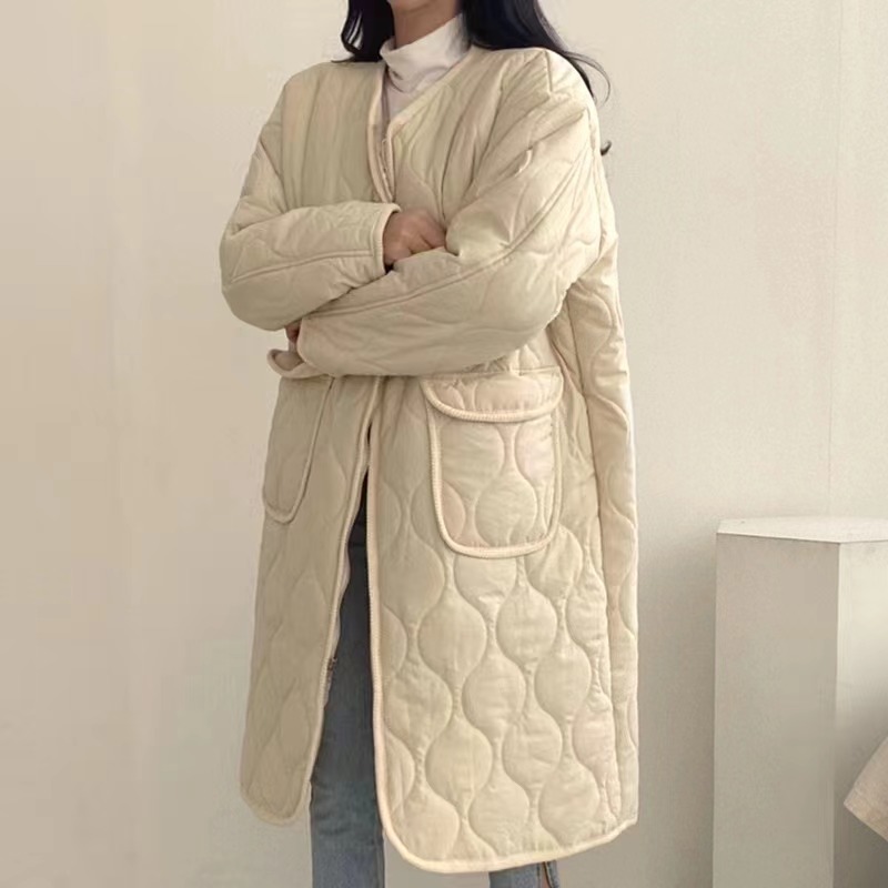 2023韓國冬季拉鏈V領加厚菱形格棉衣棉服女過膝長款寬鬆棉襖外套