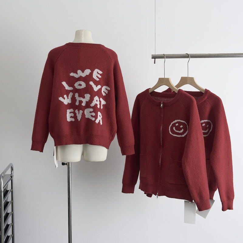 are U shop red smiley face sweater women's autumn and winter Korean style loose soft glutinous lazy design little man coat