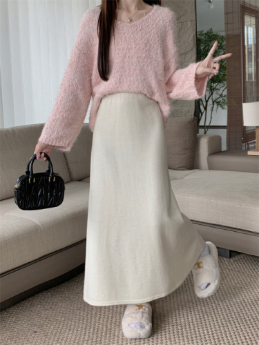 Actual shot ~ Autumn and winter lazy style solid color skirt women's high waist slimming A-line covered mid-length skirt