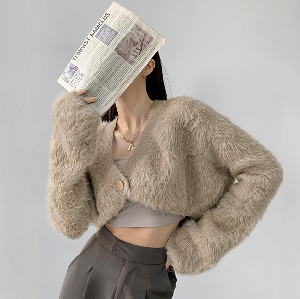 Korean solid color imitation mink velvet one-button short furry coat for women in autumn loose and stylish versatile sweater