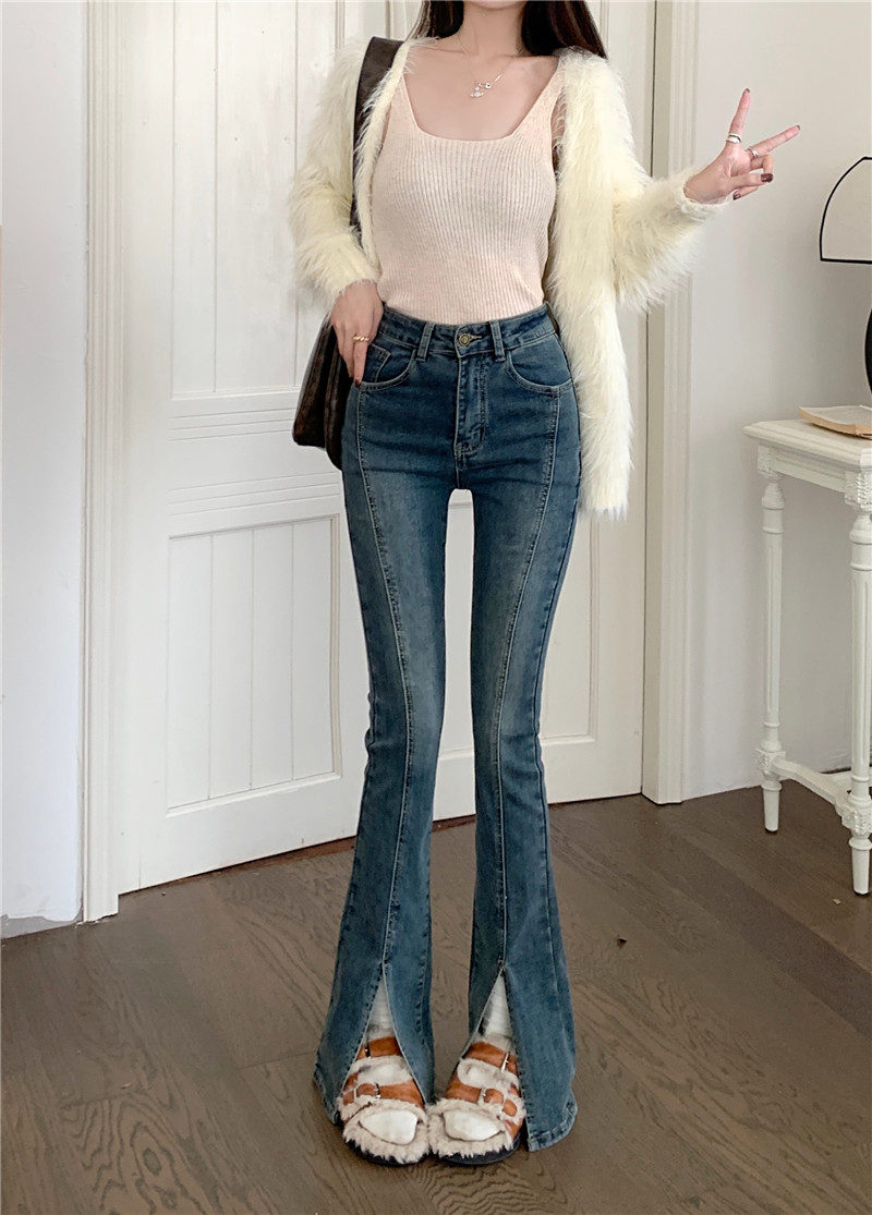 Actual shot ~ supermodel’s velvet high-waisted tight slit casual denim bootcut pants that can be worn all winter
