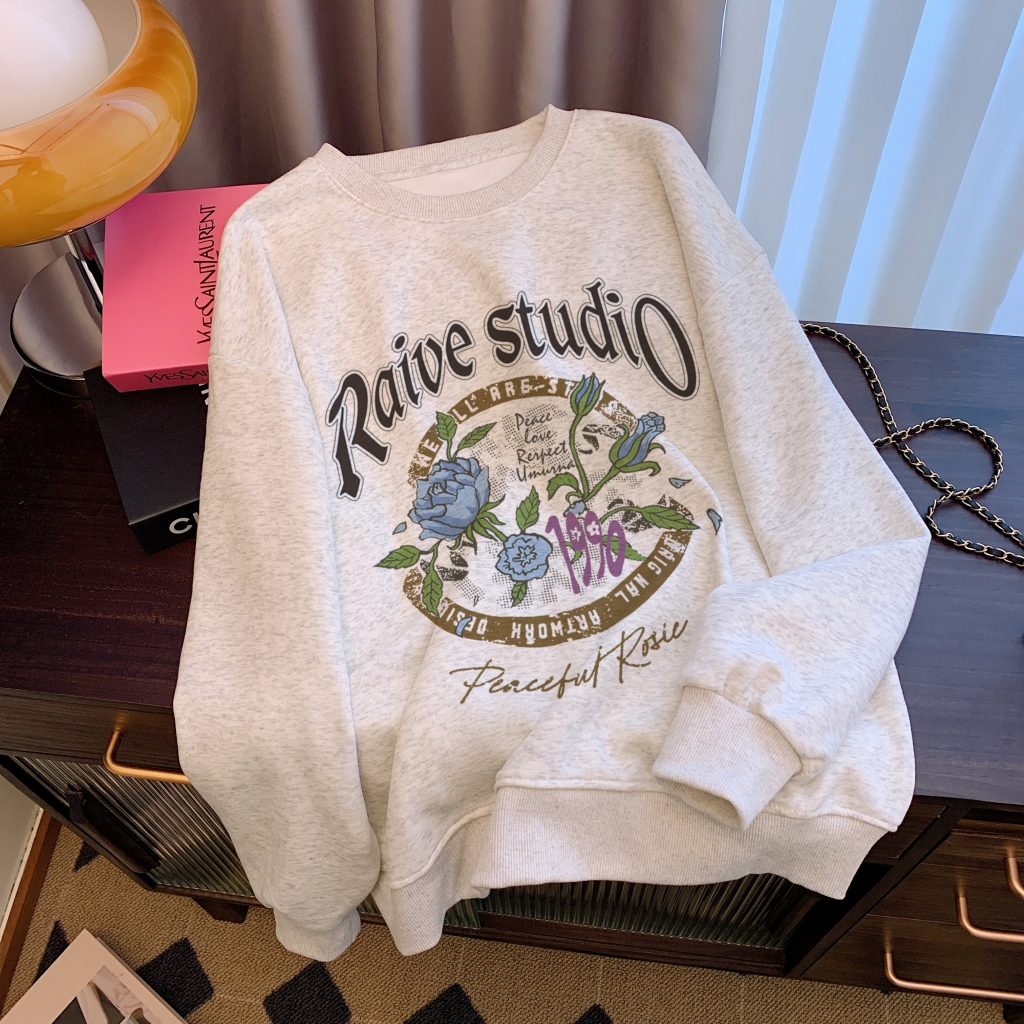 實拍-2023韓版百搭加絨加厚秋冬裝衛衣女印花大碼女裝