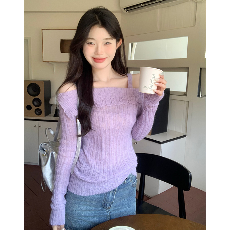 Quality design one-shoulder suspender knitted sweater for women in autumn, gentle and age-reducing, slimming and slimming long-sleeved top