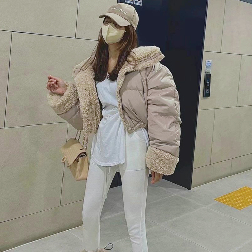 New Korean chic autumn and winter thickened reversible short stand collar lamb wool cotton jacket for women