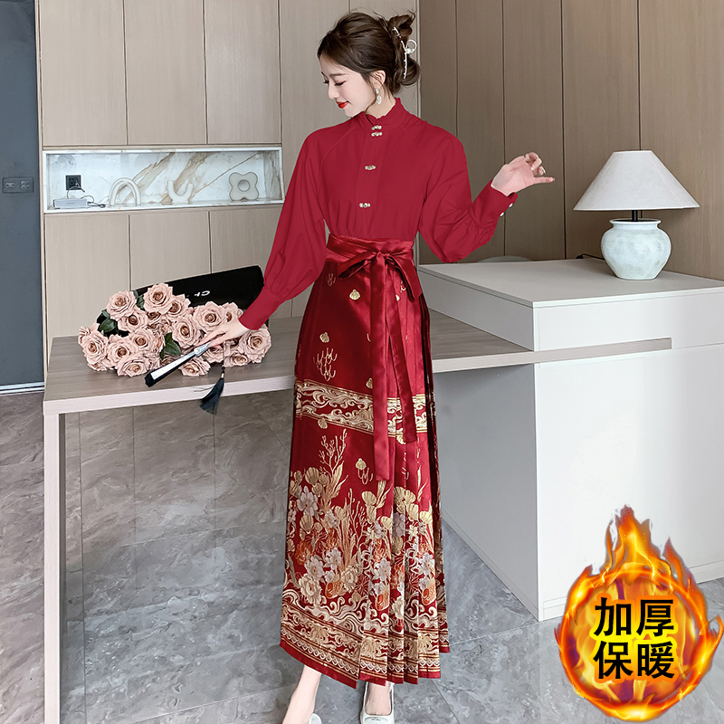 實拍 日常通勤重工訂扣立領衫一片式紅色馬面裙漢服女婚服敬酒服