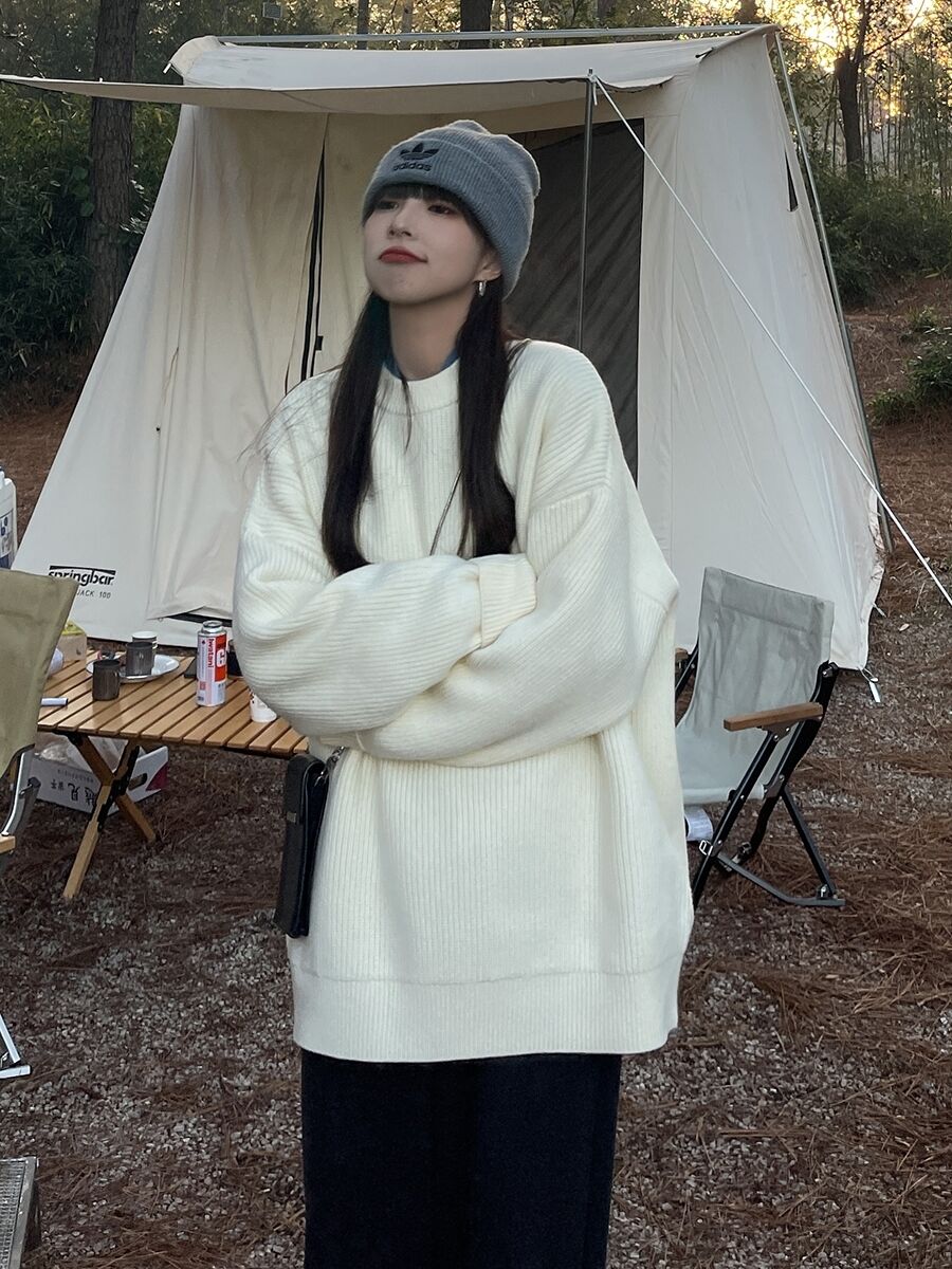 慵懶風潮酷毛衣女秋冬寬鬆圓領套頭長袖針織衫打底chic學院風韓范