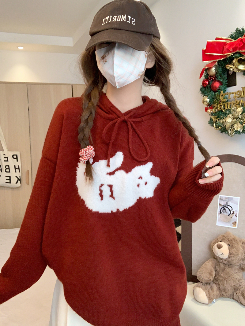 Real shot Christmas red thickened hooded sweater for women loose lazy style Korean style sweater top jacket