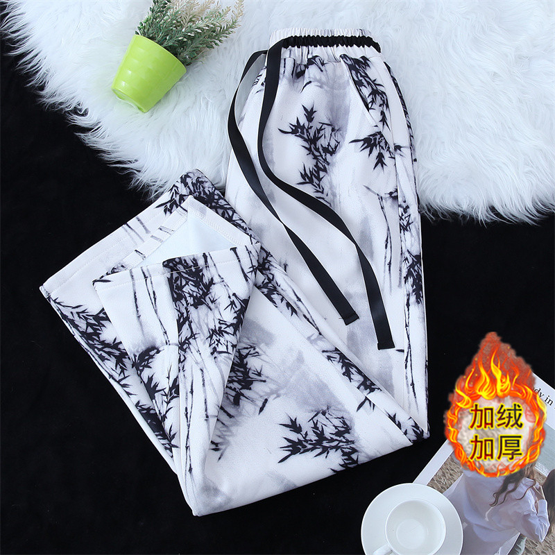 Real shot of Chinese cotton composite velvet ink wide-leg winter velvet thickening new casual pants national style pants for women