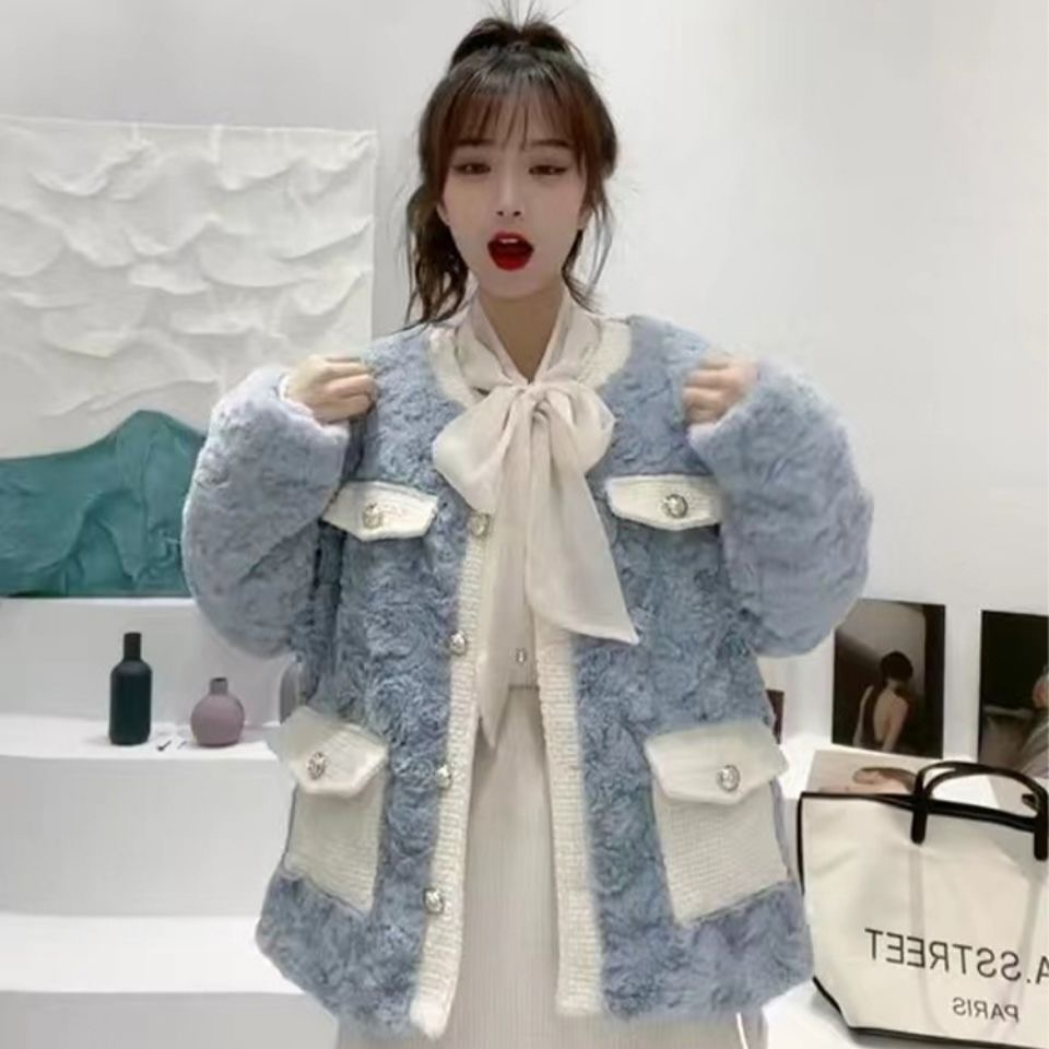 秋冬季新款小香風皮毛一體外套女加厚高級感小個子加棉羊羔毛上衣
