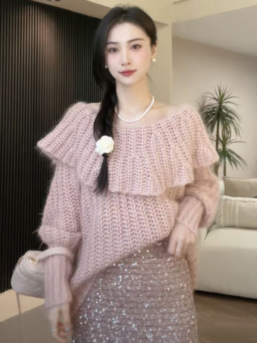 One-shoulder mohair pullover sweater for women in autumn and winter, lazy style, loose backless long-sleeved sweater top for outer wear